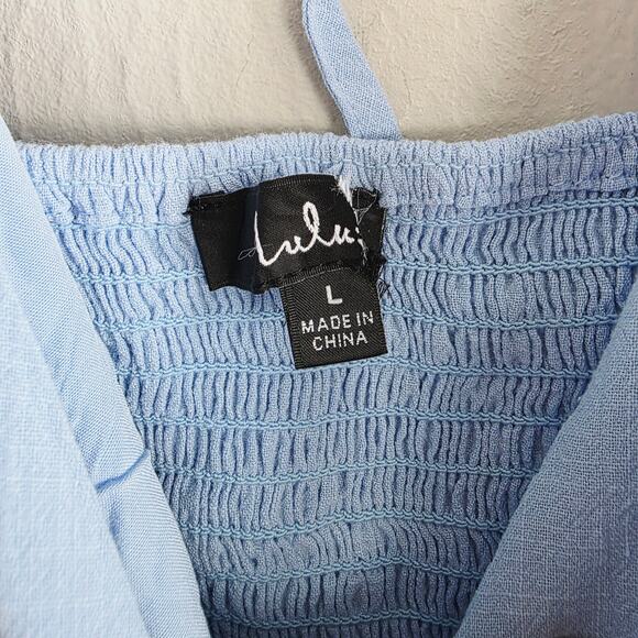 Lulus Dreaming of Paris Blue Puff Sleeve Mini Dress - Cotton Skater Pockets L - Picture 12 of 13